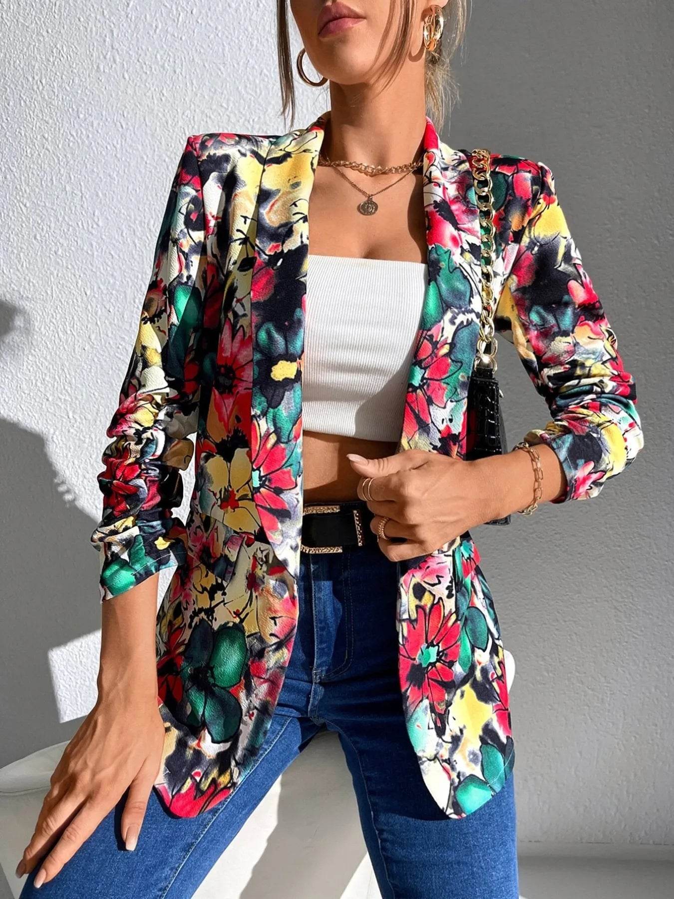Vibrant Floral Print Open Front Blazer - ELY VESSA LLC