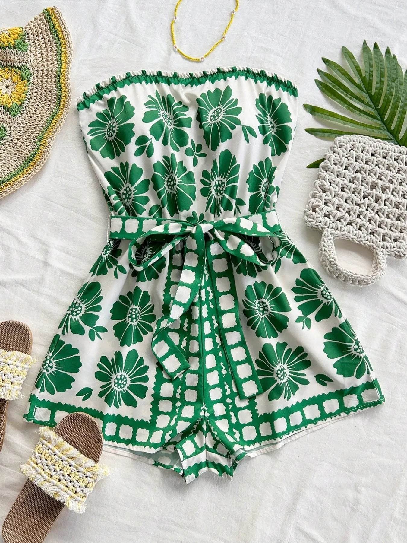 Printed Tube Tie Waist Romper - ELY VESSA LLC