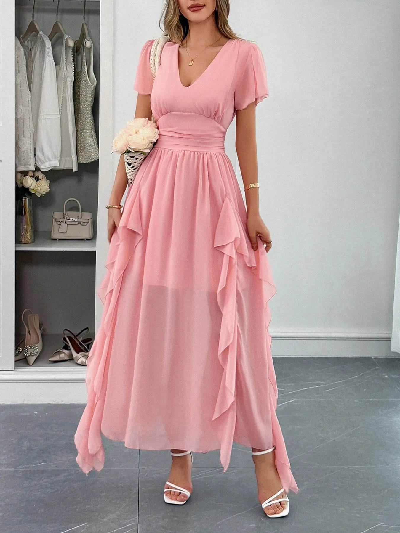 V-Neck Flutter Sleeve Dress - ELY VESSA LLC