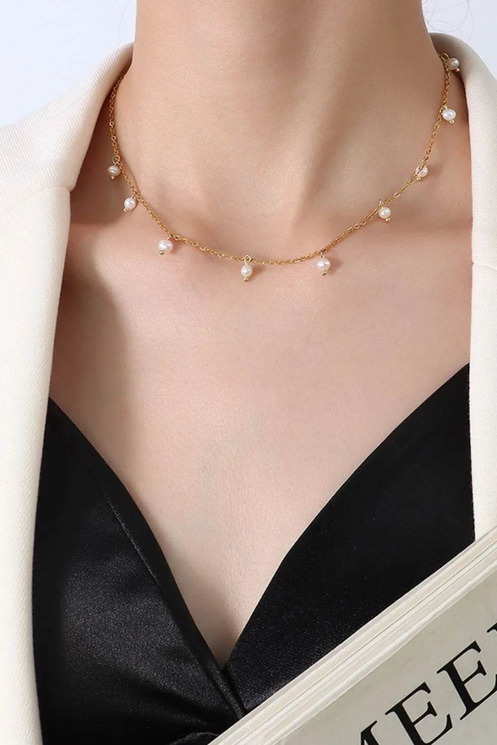 18K Gold-Plated Titanium Steel Pearl Necklace - ELY VESSA LLC
