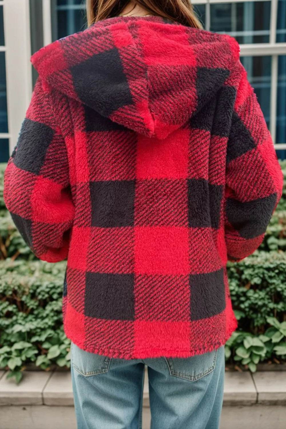 Double Take Full Size Plaid Long Sleeve Hooded Coat - ELY VESSA LLC