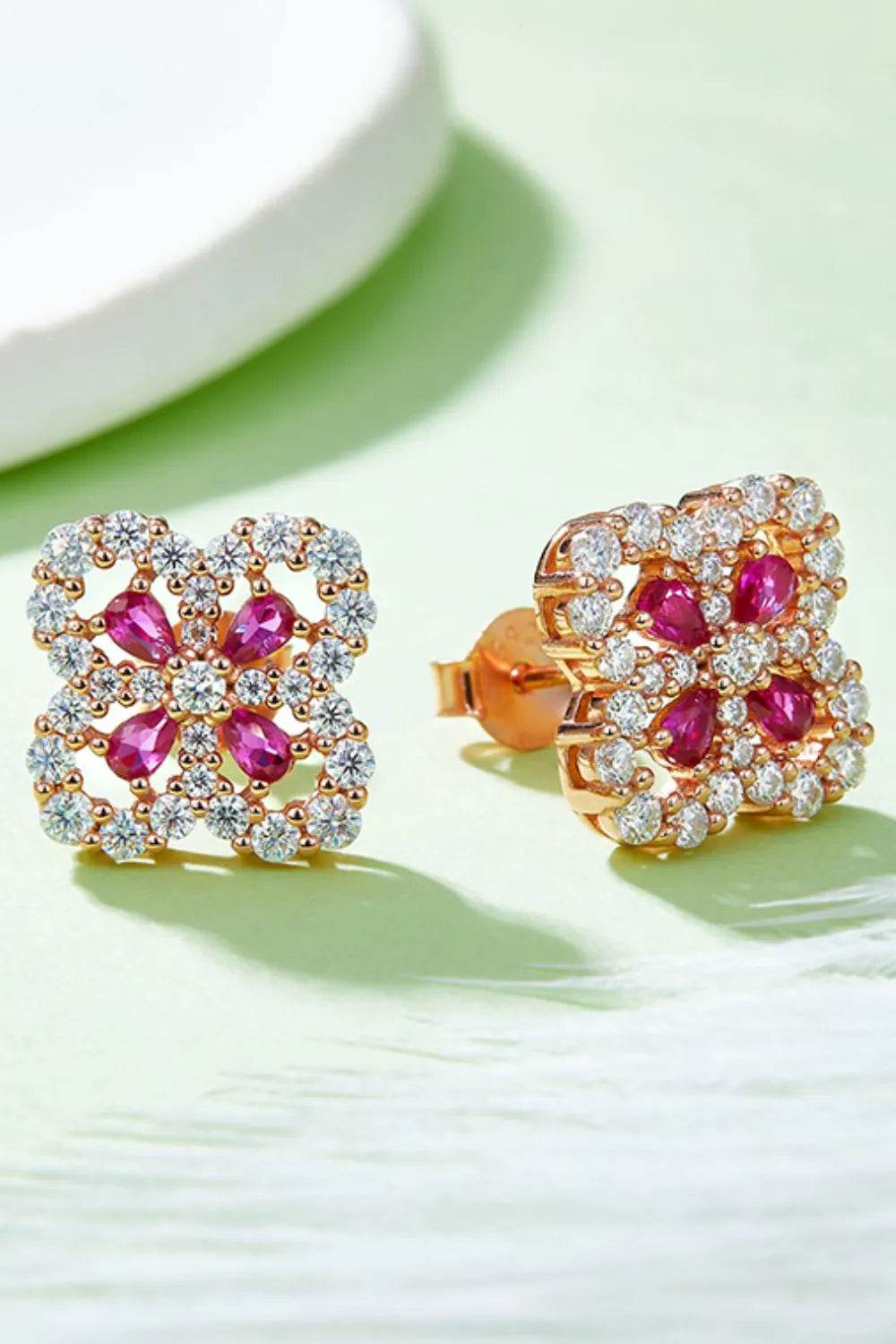925 Sterling Silver Lab-Grown Ruby Flower Shape Stud Earrings - ELY VESSA LLC