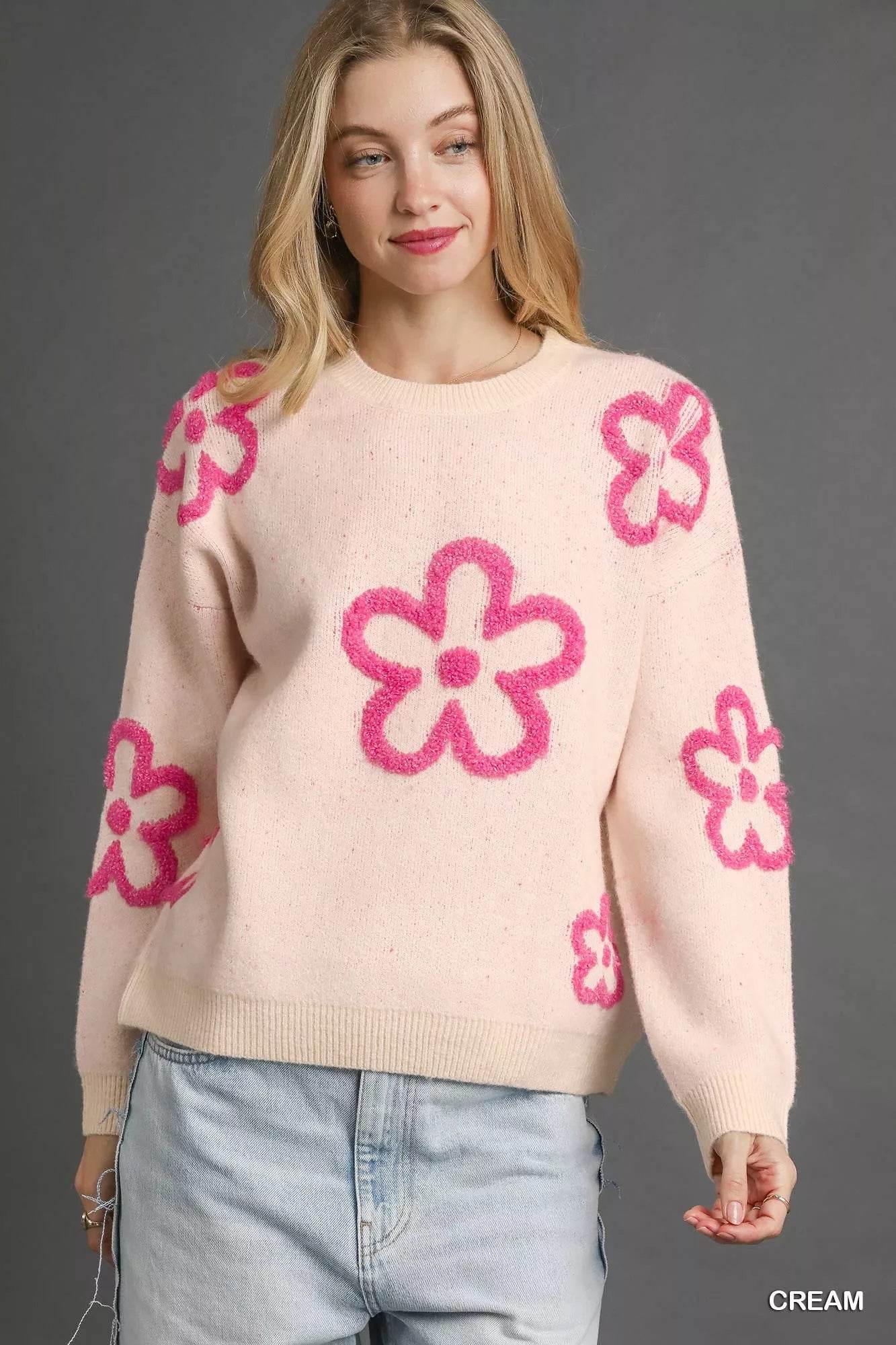 Umgee Round Neck Sweater with Pink Floral Accents - ELY VESSA LLC