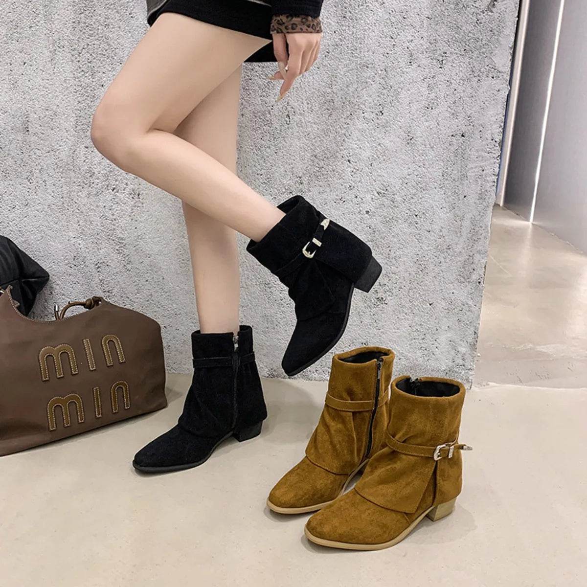 Point Toe Block Heels Boots - ELY VESSA LLC