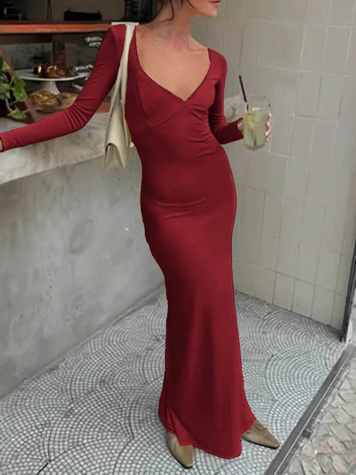 Deep-V Long Sleeve Slim Maxi Dress - ELY VESSA LLC