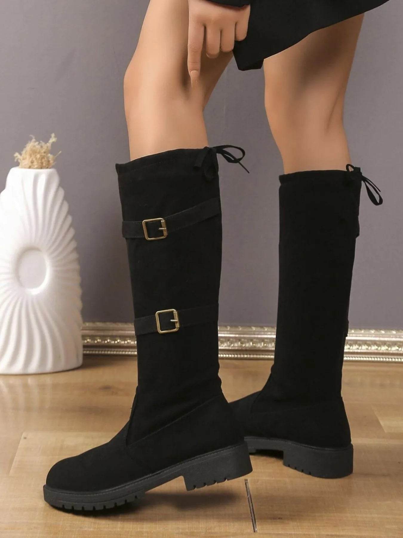 Suede Knee-High Combat Boots with Double Buckle Straps - ELY VESSA LLC