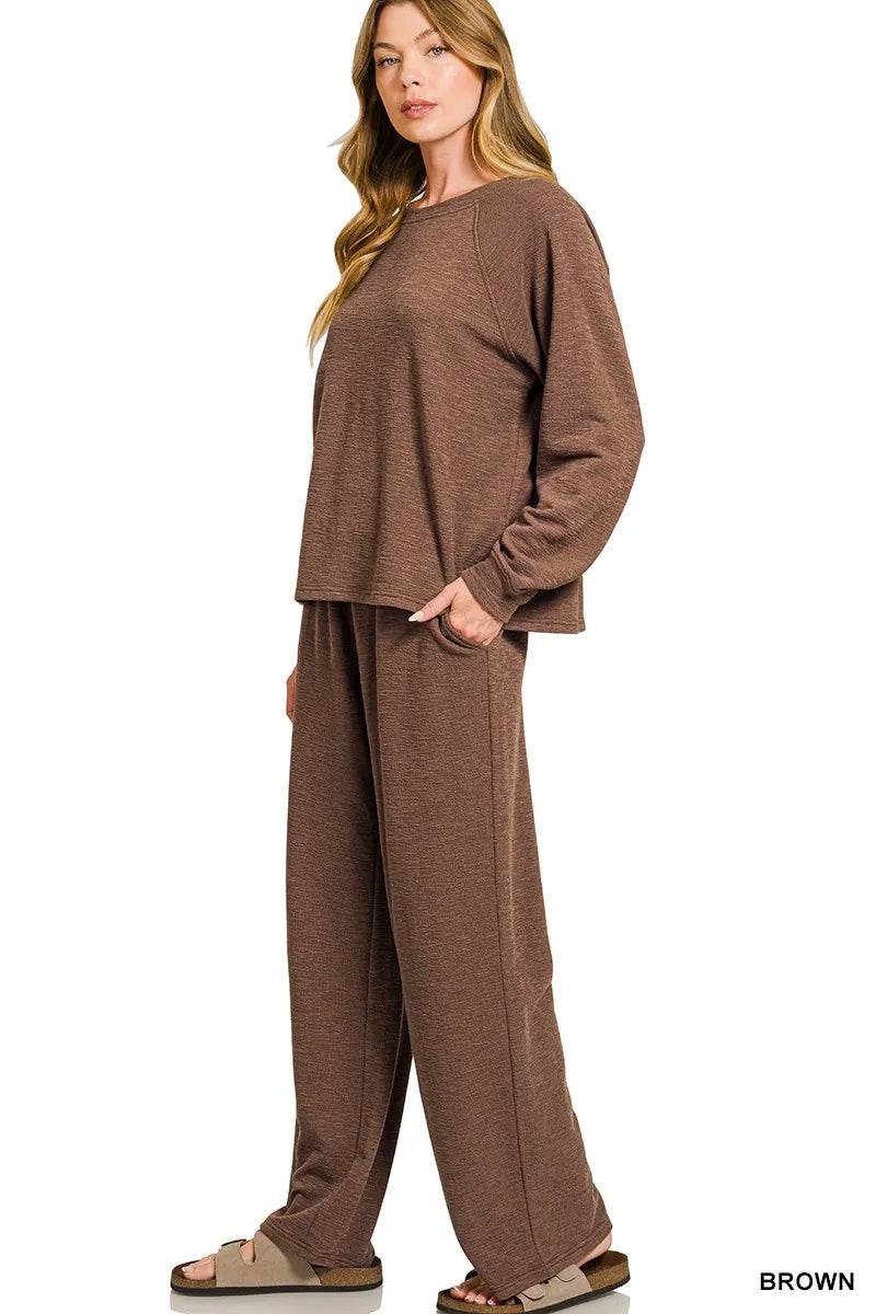 Zenana Slub Long Sleeve Top and Pants Lounge Set - ELY VESSA LLC