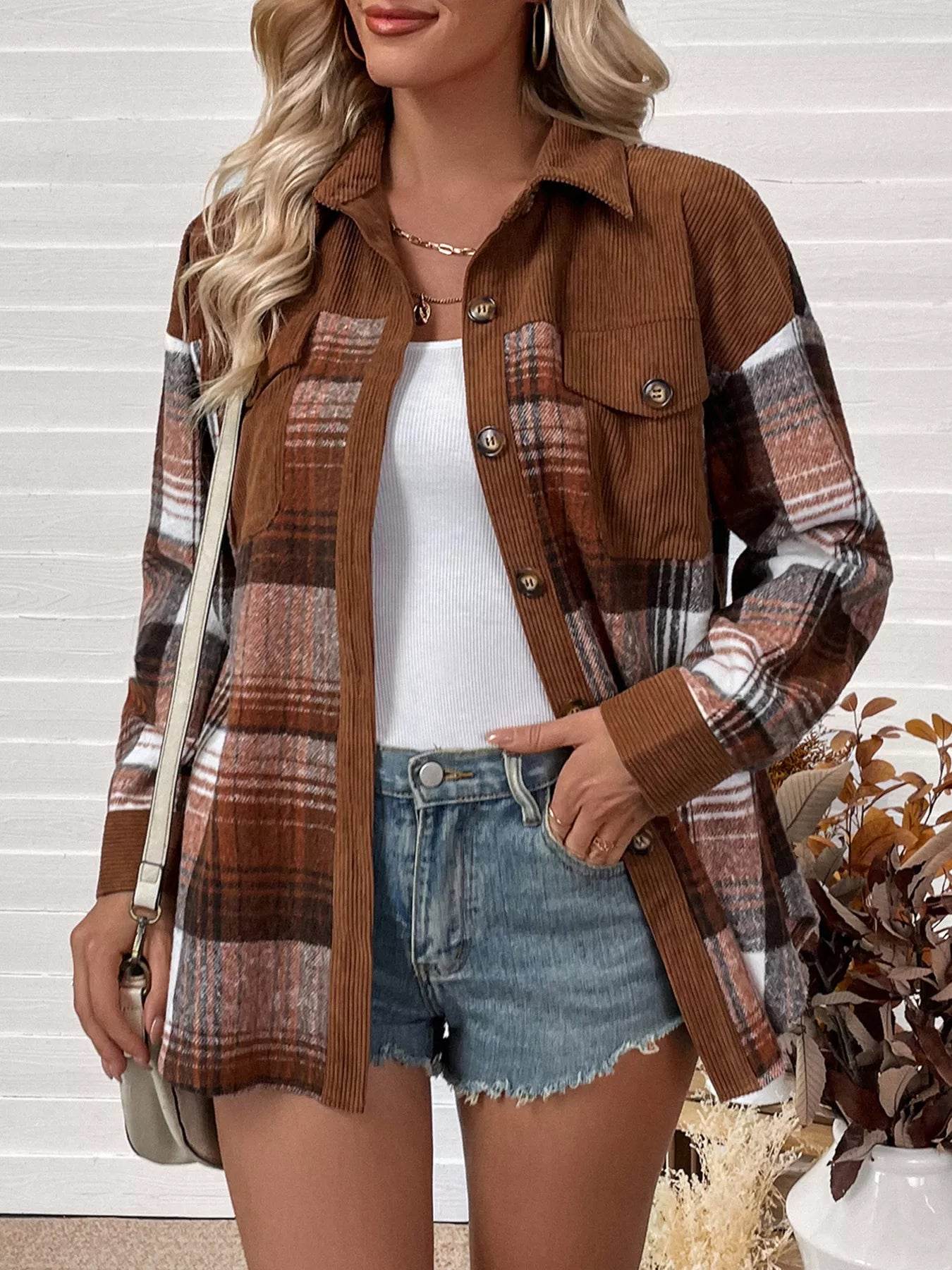Plaid Button-Up Shacket with Chest Pockets - ELY VESSA LLC