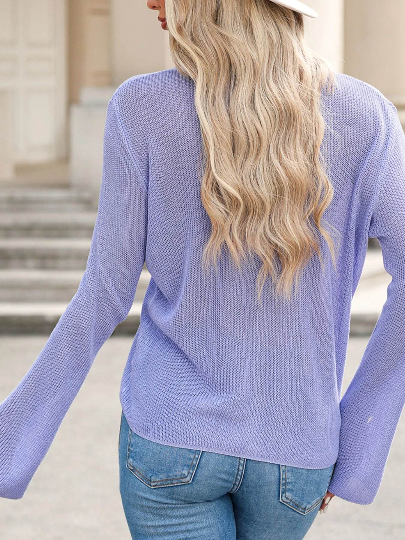 Lightweight V Neck Button Front Bell Sleeve Cardigan - ELY VESSA LLC