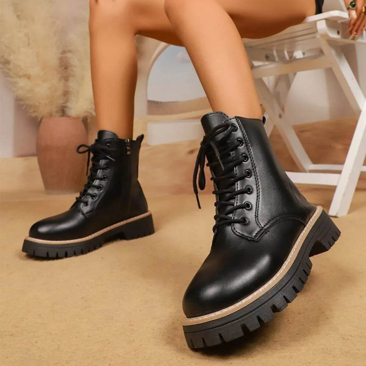 Lace Up Leather Combat Boots with Chunky Sole - ELY VESSA LLC
