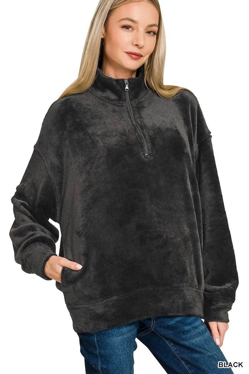 Zenana Faux Fur Half Zip Pocket Pullover - ELY VESSA LLC