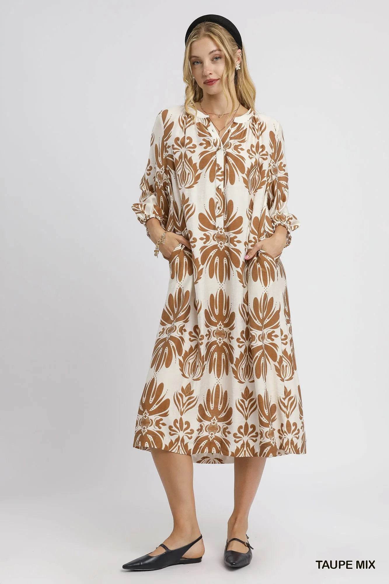 Umgee Mix Abstract Floral Print Midi Dress - ELY VESSA LLC