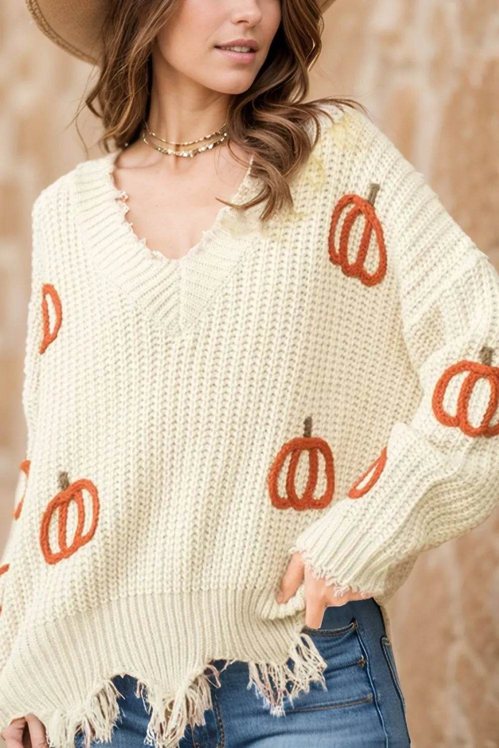 Raw Hem Pumpkin V-Neck Long Sleeve Sweater - ELY VESSA LLC