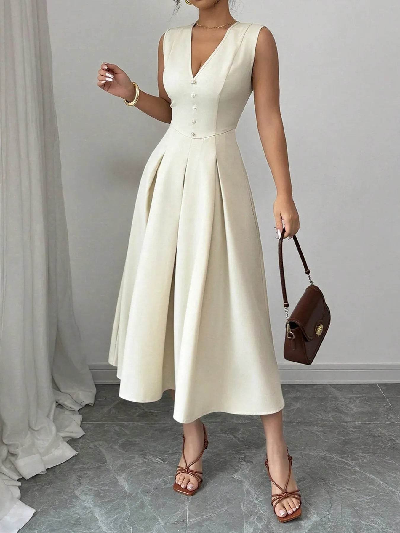 V-Neck Sleeveless Midi Dress - ELY VESSA LLC