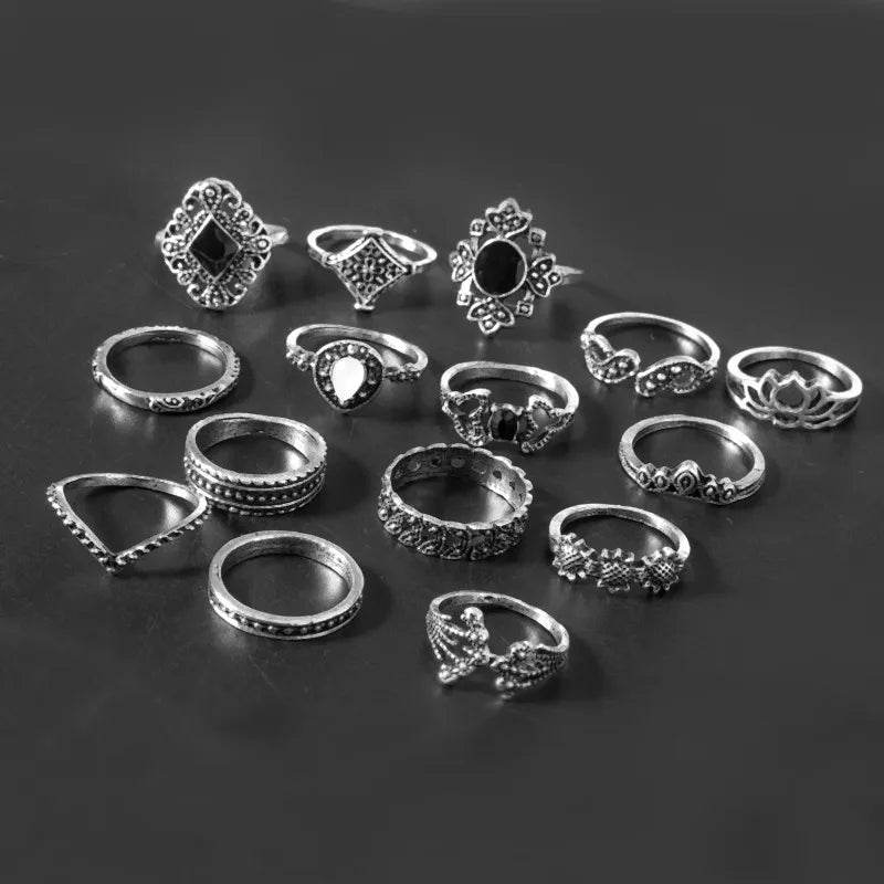 15 Piece Alloy Vintage Ring Set - ELY VESSA LLC