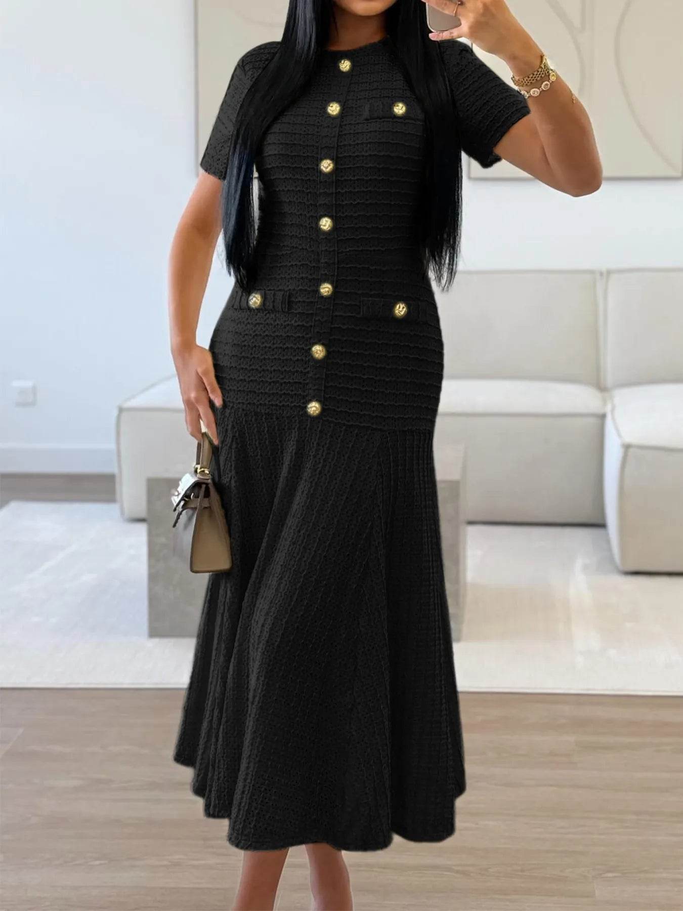 Textured Knit Short Sleeve Dress - ELY VESSA LLC