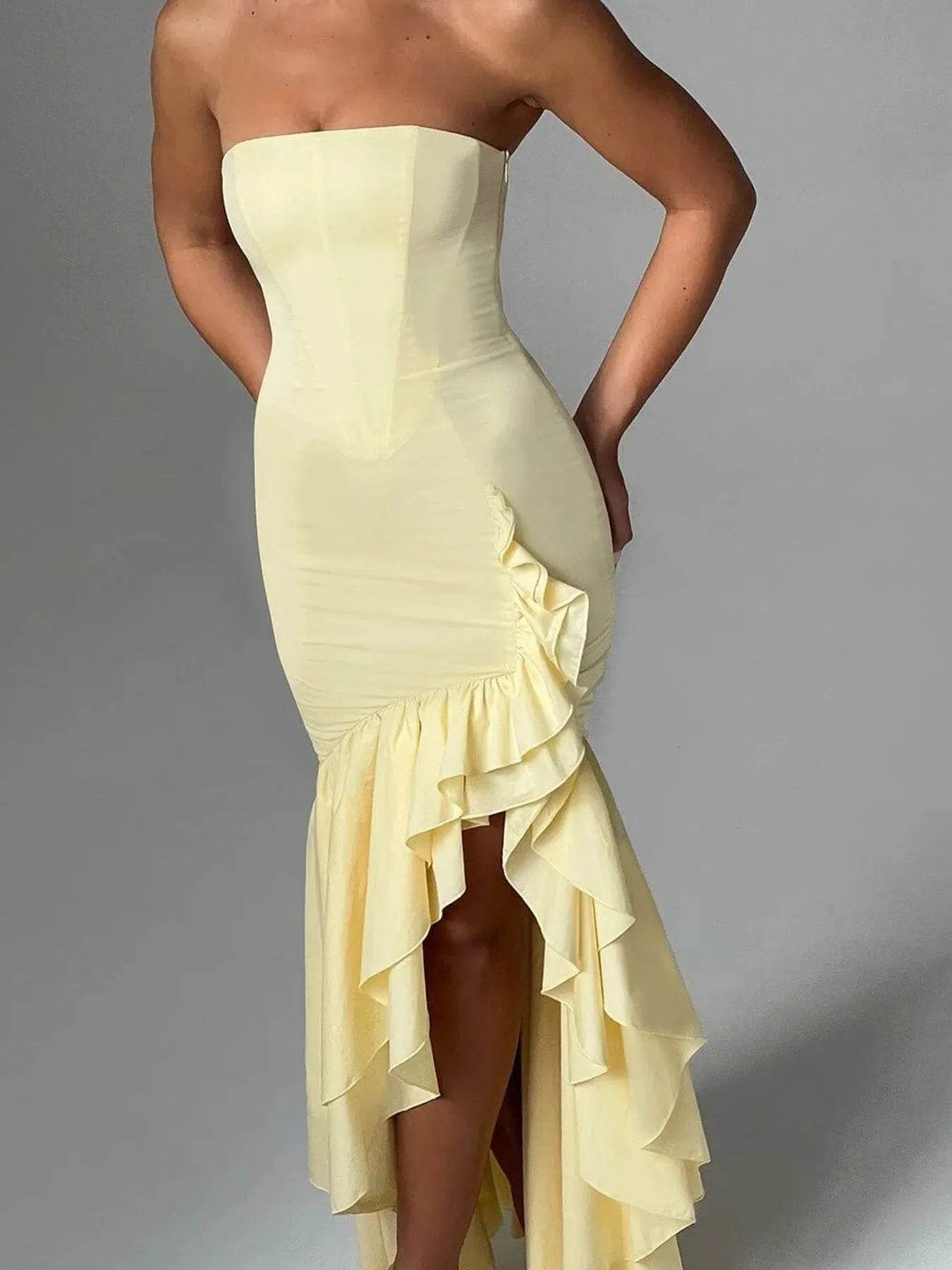Strapless Ruffle High-Low Bodycon Dress - ELY VESSA LLC