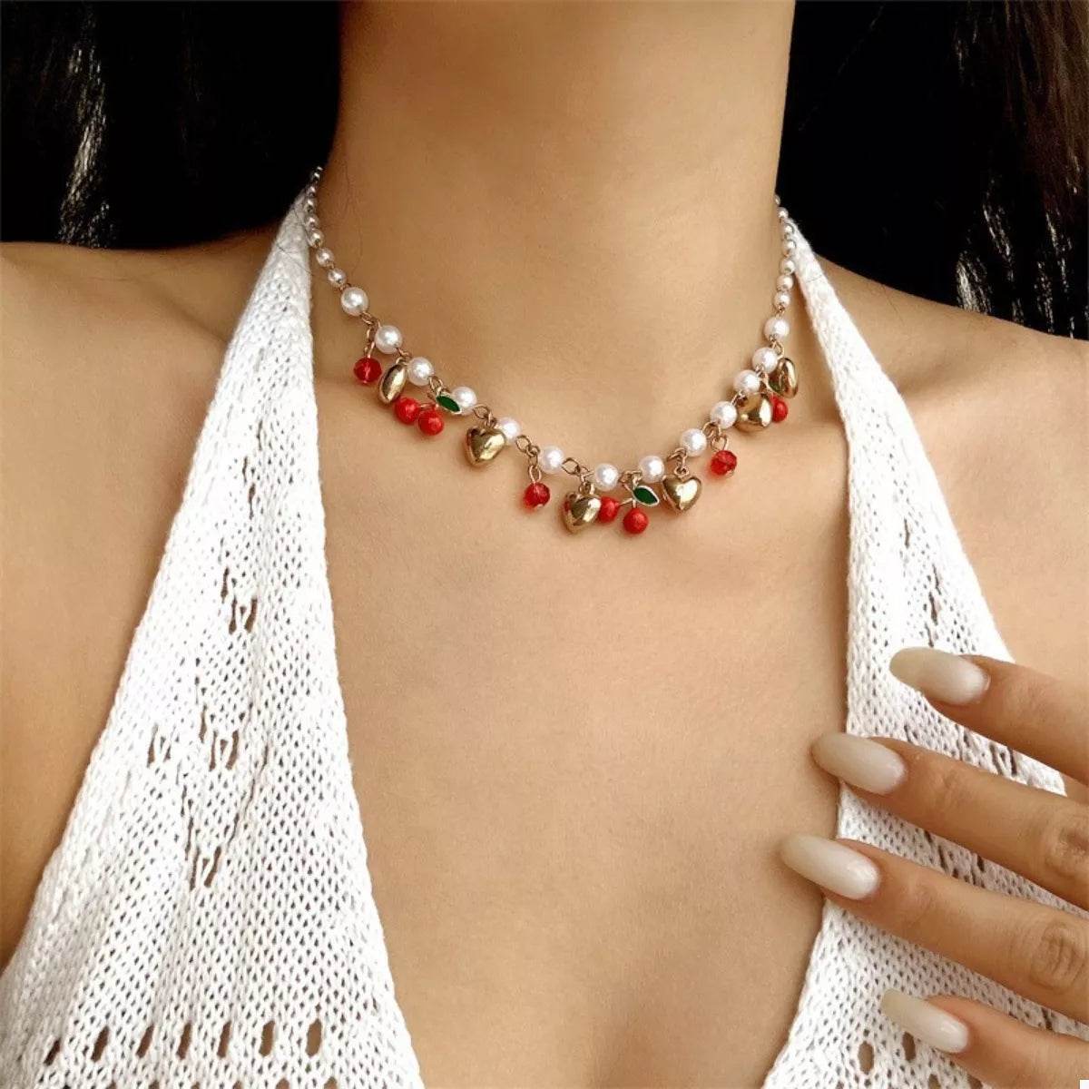 18K Gold-Plated Cherry & Heart Pearl Necklace - ELY VESSA LLC