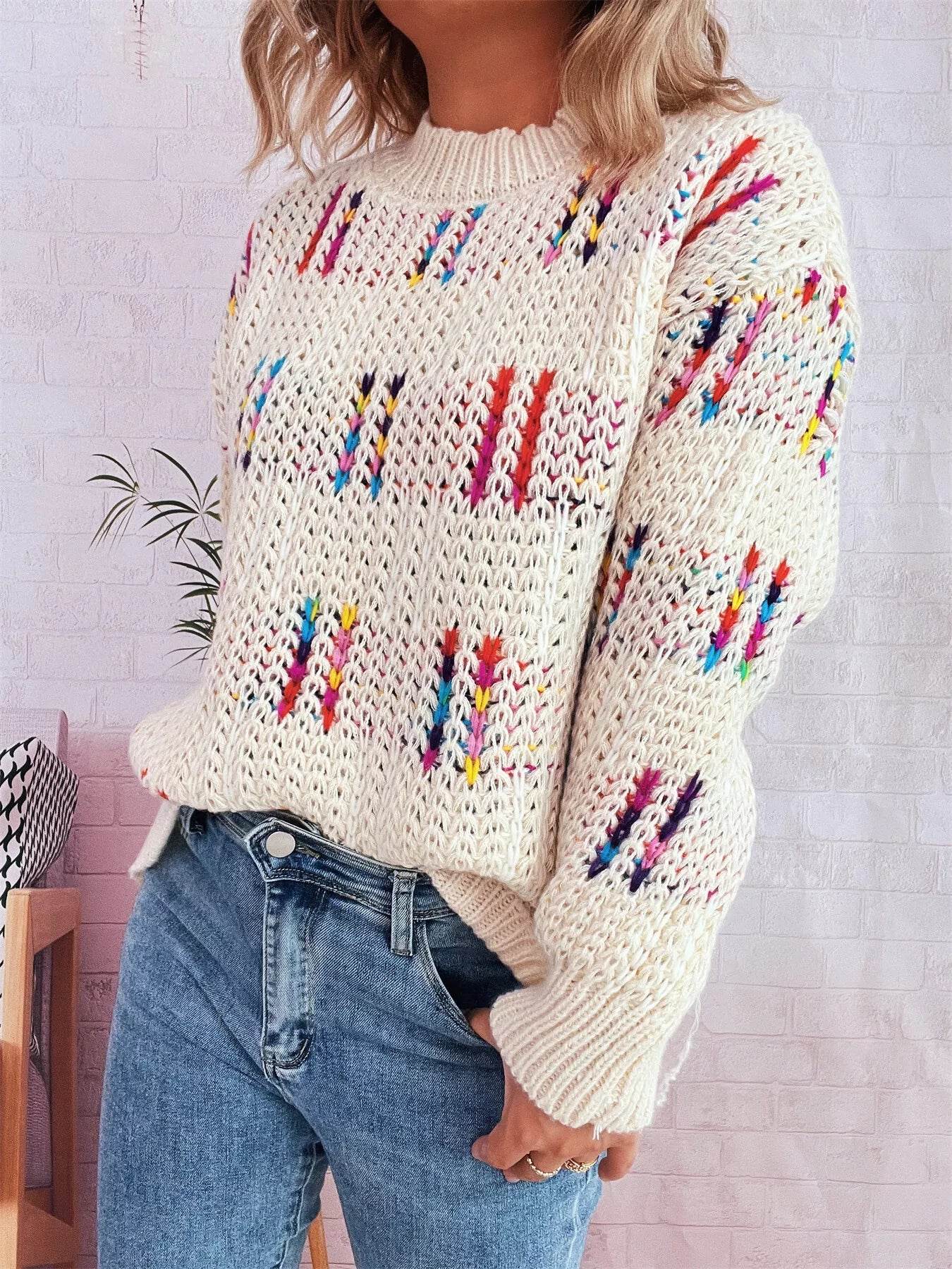 Colorful Round Neck Long Sleeve Sweater - ELY VESSA LLC