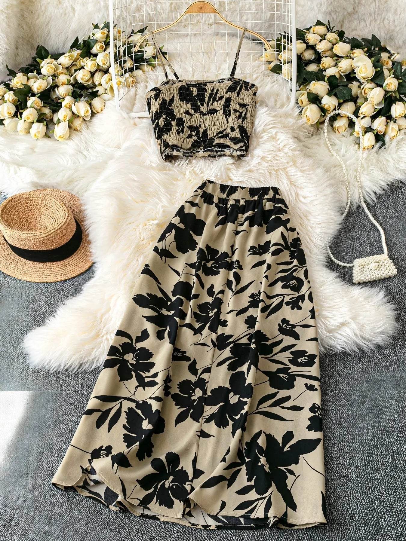 Smocked Printed Cami and Skirt Set - ELY VESSA LLC