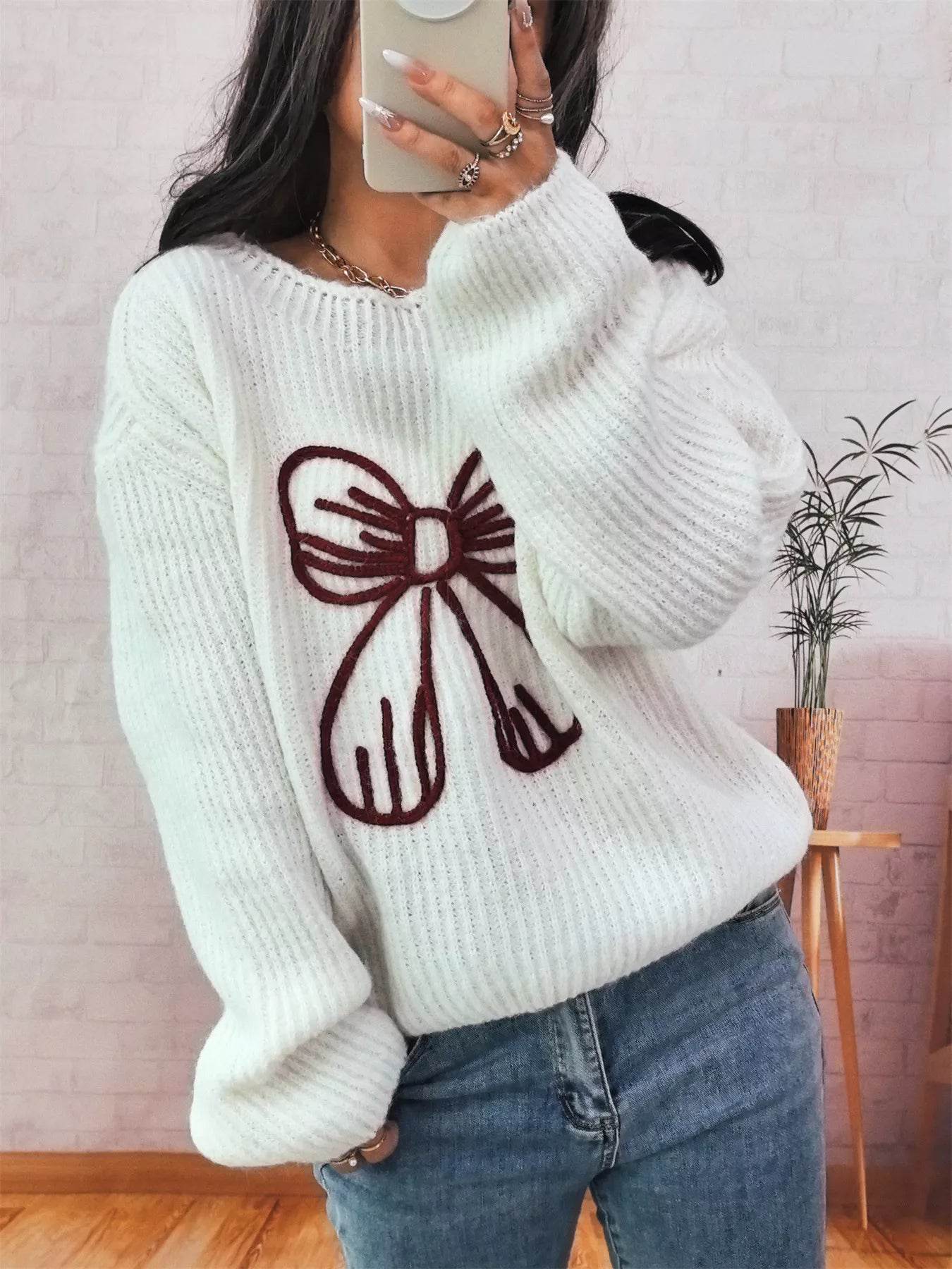 Bow Round Neck Long Sleeve Sweater - ELY VESSA LLC