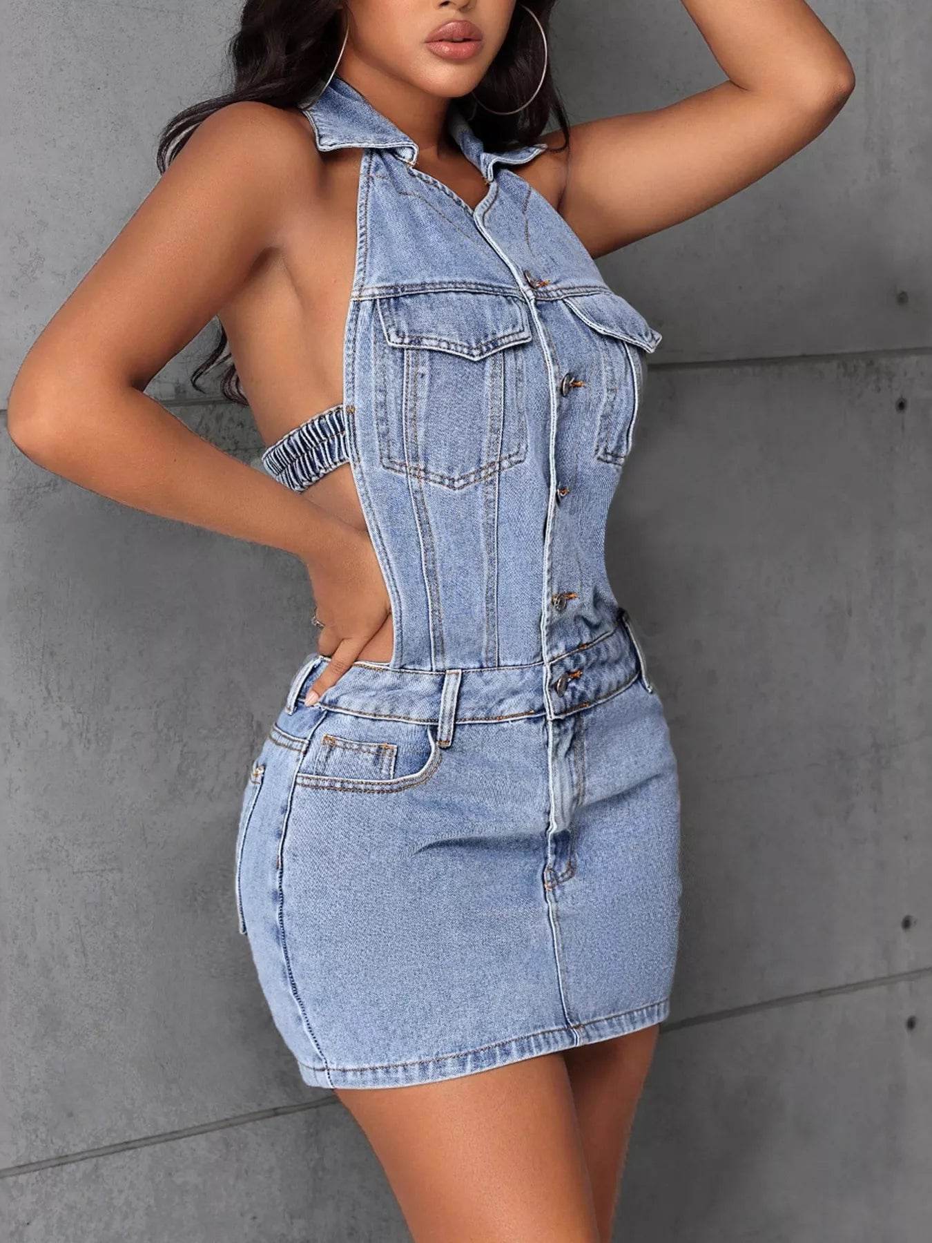 Backless Sleeveless Button Front Denim Mini Dress - ELY VESSA LLC