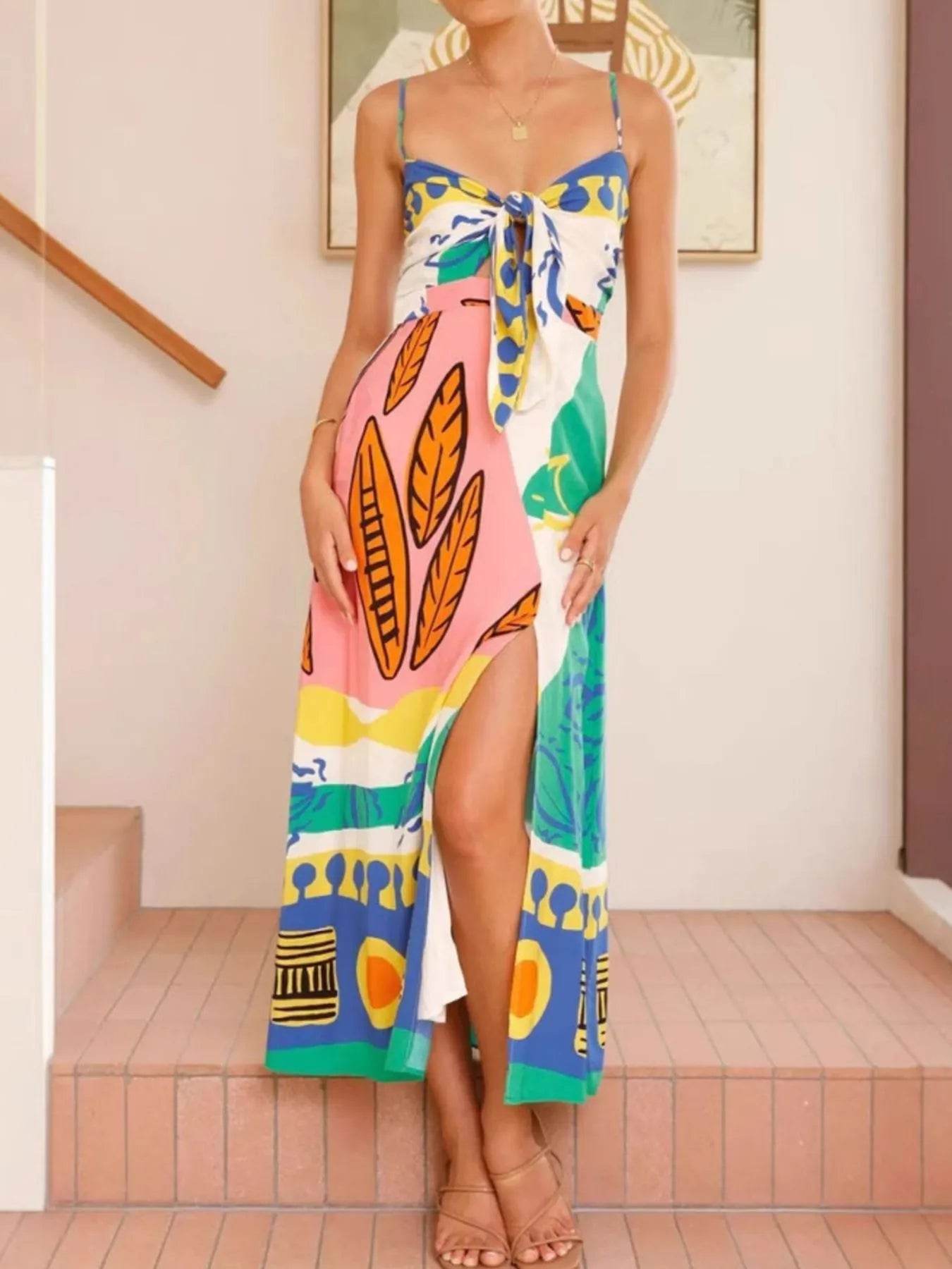 Tied Front Printed Slit Maxi Cami Dress - ELY VESSA LLC