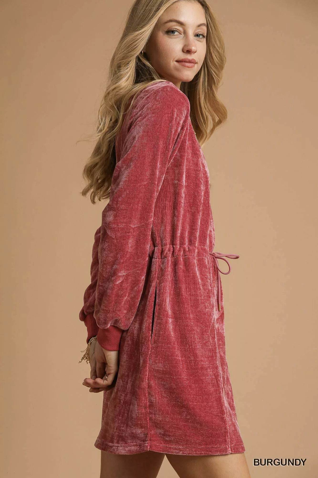 Umgee Velour Drawstring Mini Dress with Long Sleeves - ELY VESSA LLC