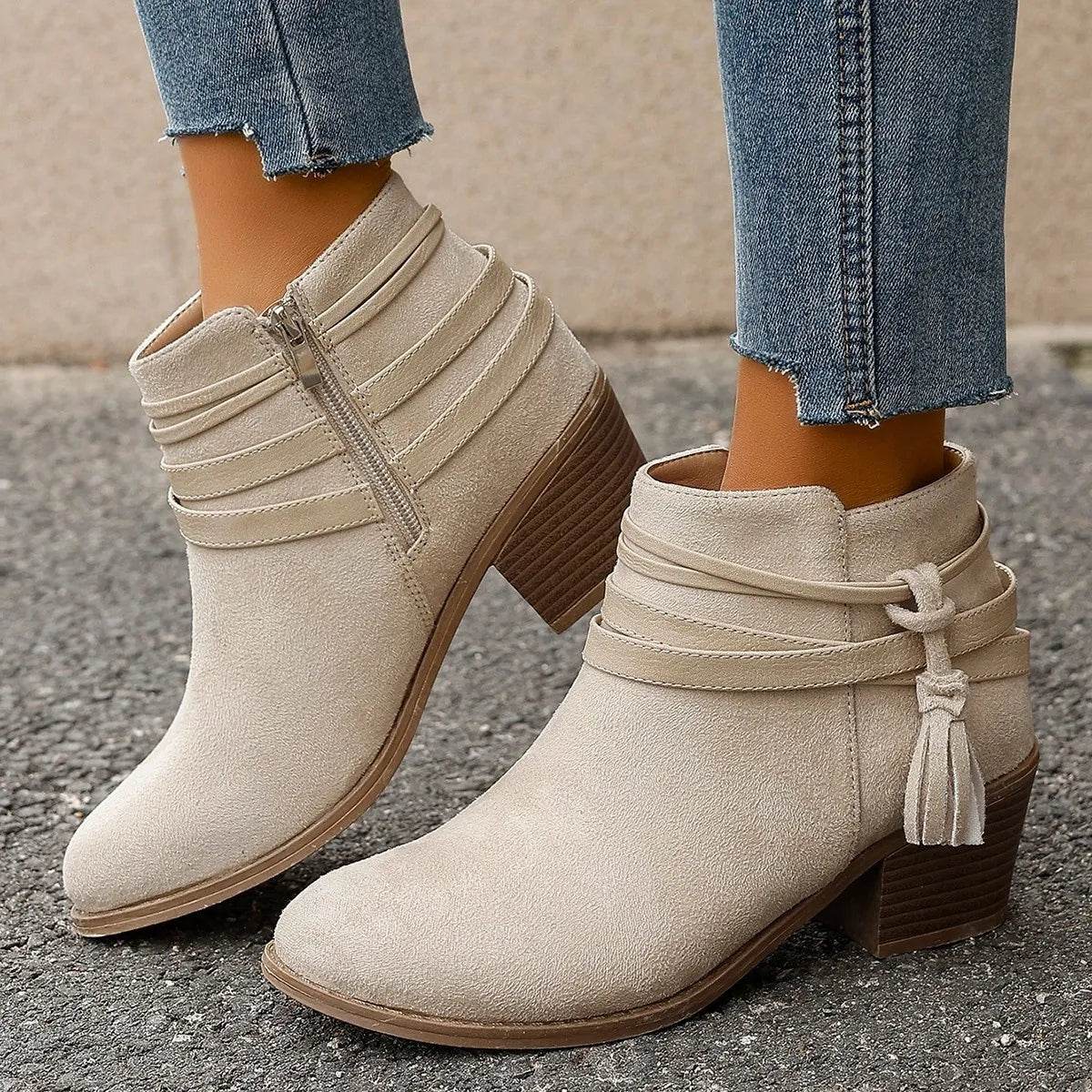 Tassel Point Toe Block Heels Boots - ELY VESSA LLC
