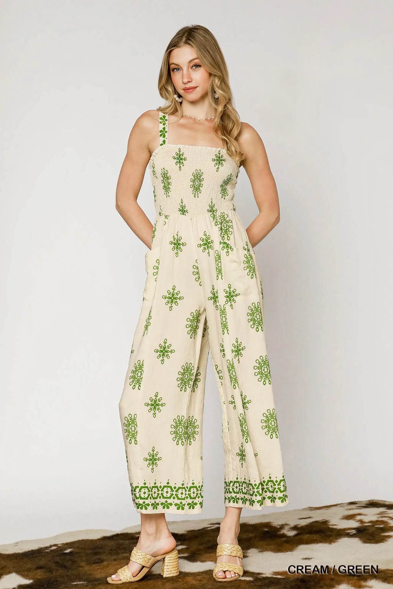 Umgee Smocked Printed Wide Leg Jumpsuit - ELY VESSA LLC