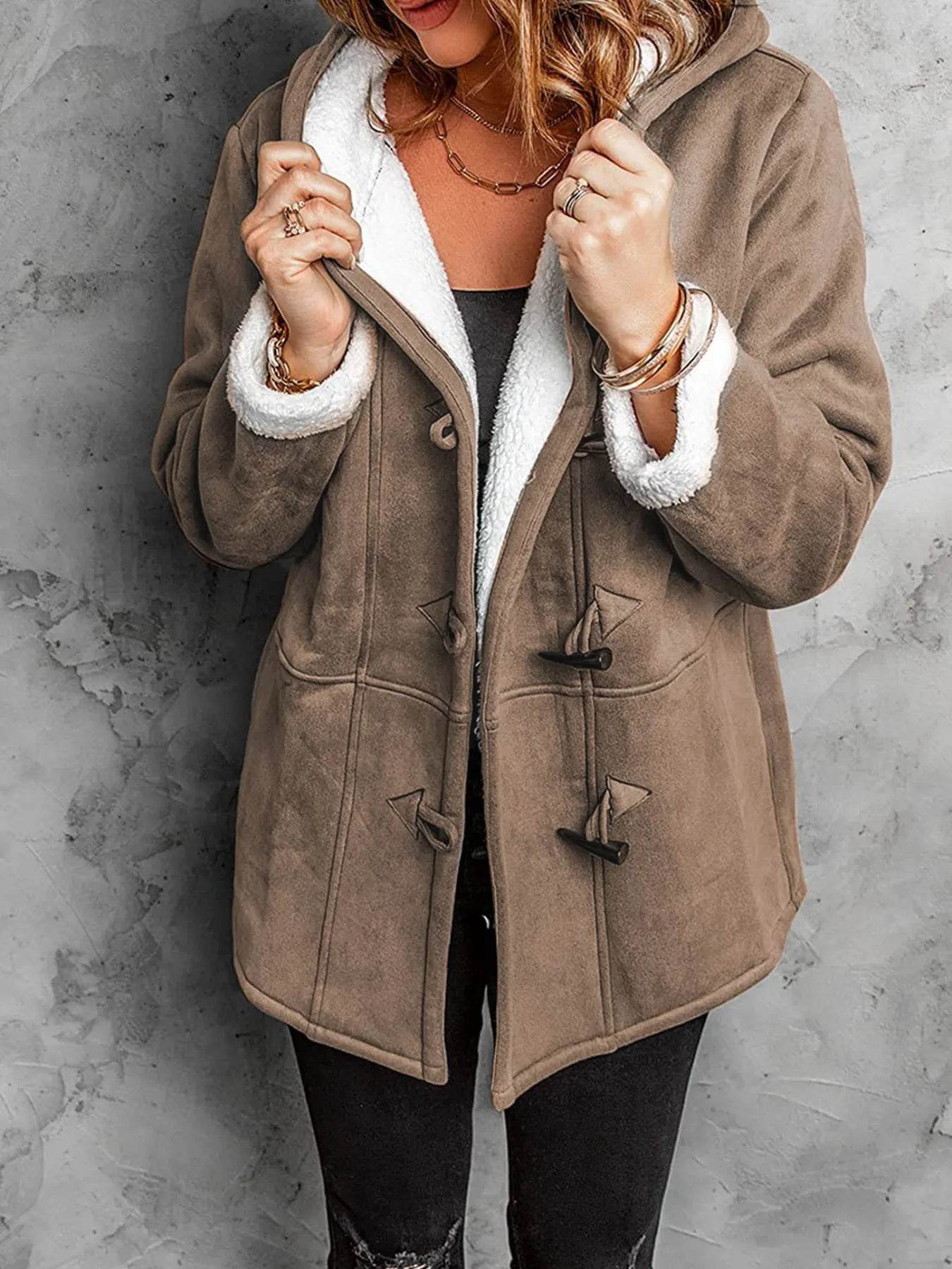 Full Size Cozy Sherpa Lined Toggle Coat with Hood Plus Size - ELY VESSA LLC