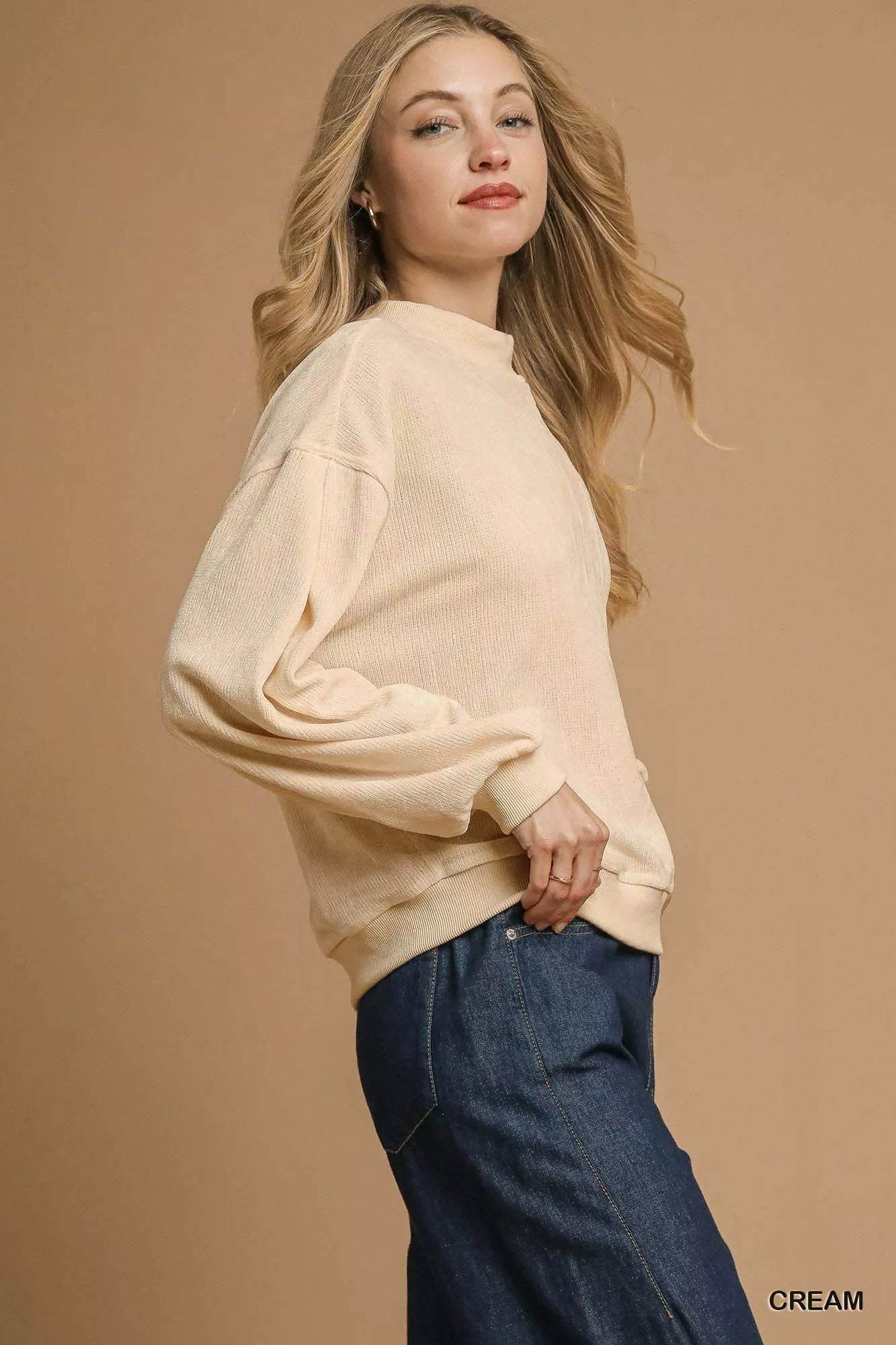 Umgee Velour Crewneck Balloon Sleeve Sweatshirt - ELY VESSA LLC