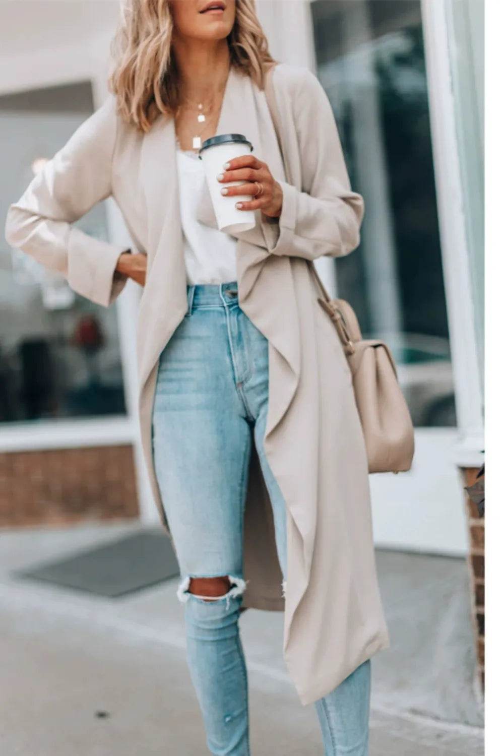 Open Front Long Sleeve Trench Coat - ELY VESSA LLC