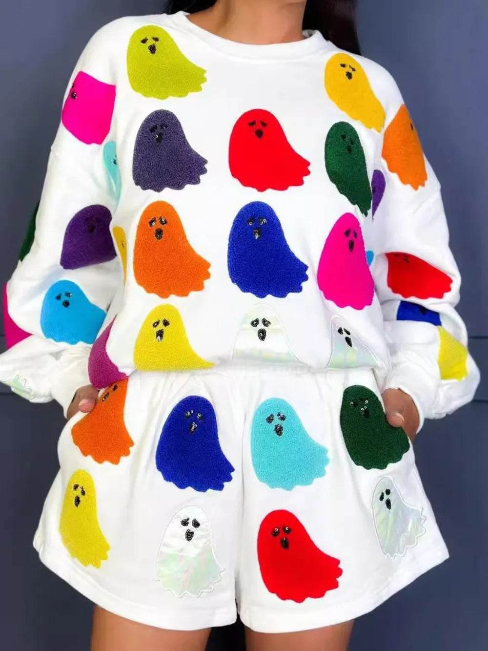 Ghost Printed Round Neck Long Sleeve Top and Shorts Set - ELY VESSA LLC