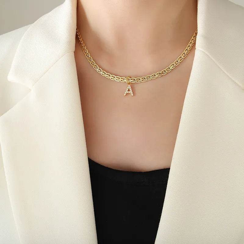 Brass Inlaid Zircon Letter Pendant Necklace - ELY VESSA LLC