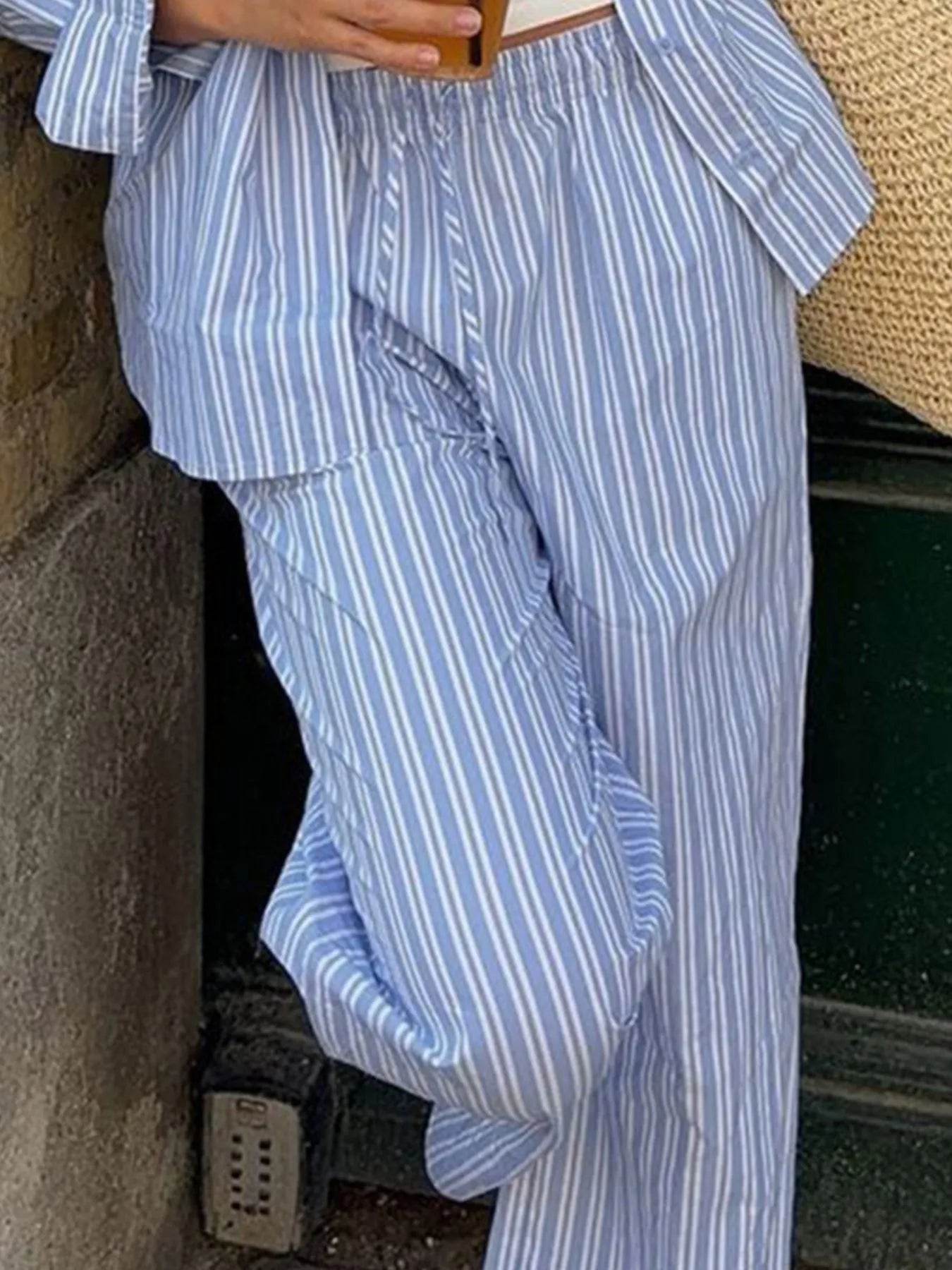 Striped Button Up Shirt and Pants Set - ELY VESSA LLC