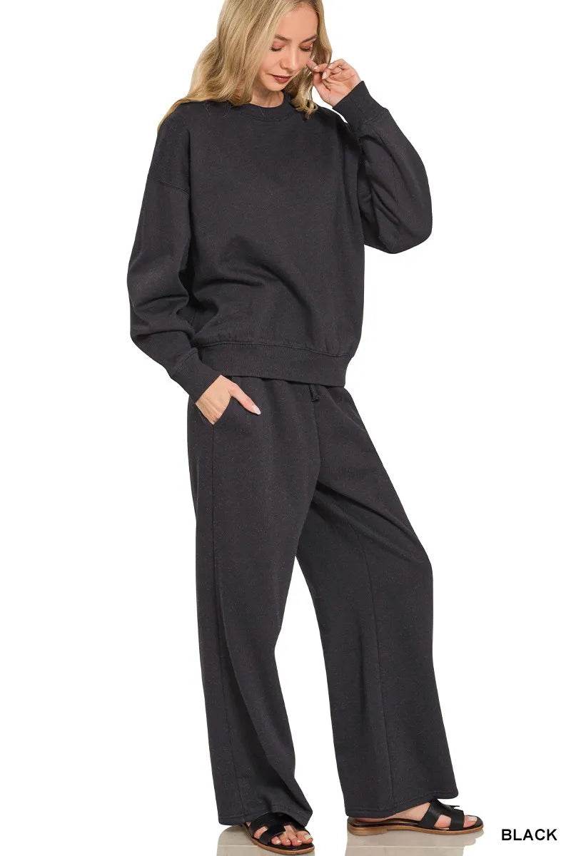 Zenana Fleece Long Sleeve Top and Sweatpants Set - ELY VESSA LLC