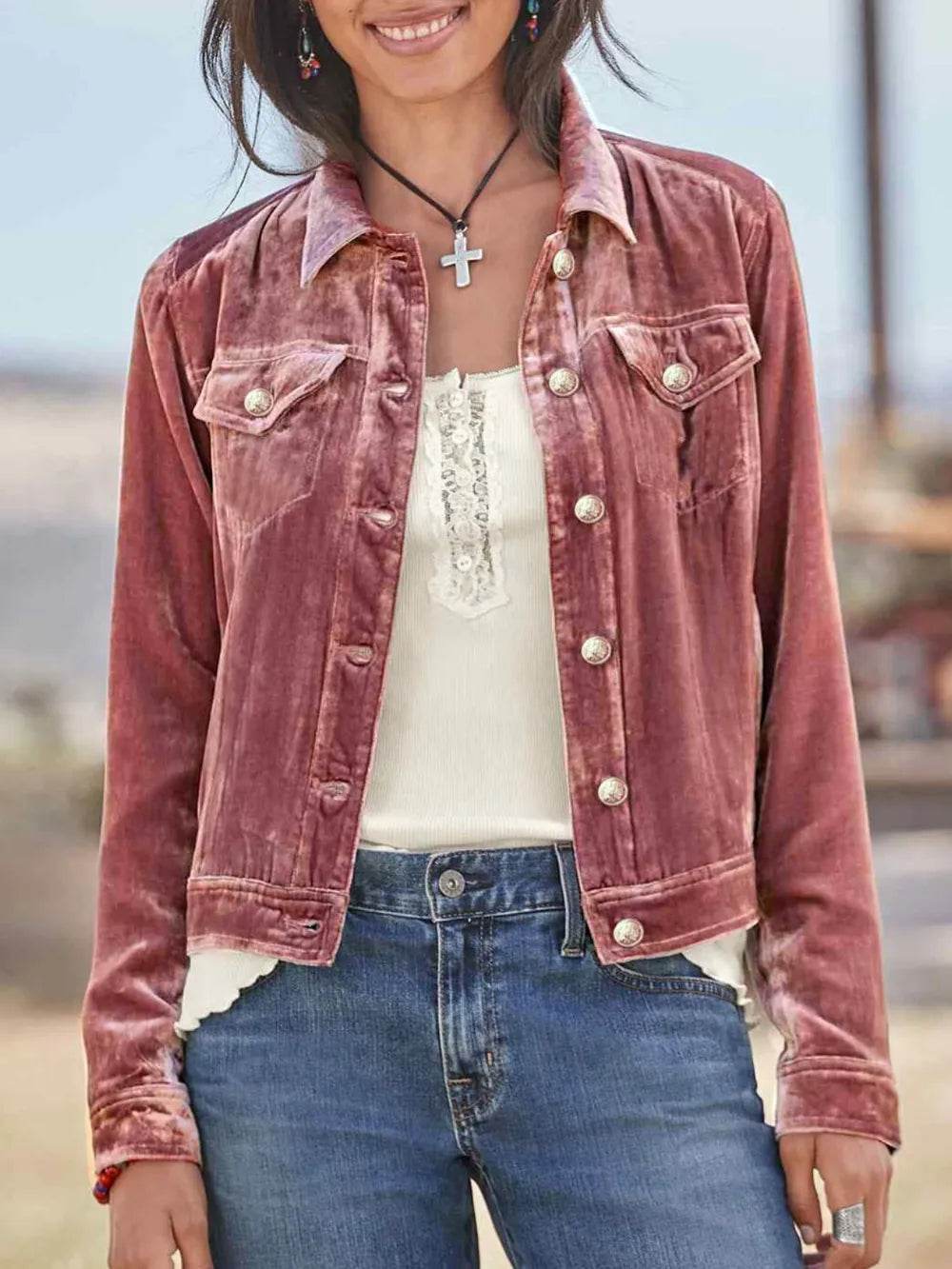 Button Up Long Sleeve Jacket with Chest Pockets - ELY VESSA LLC