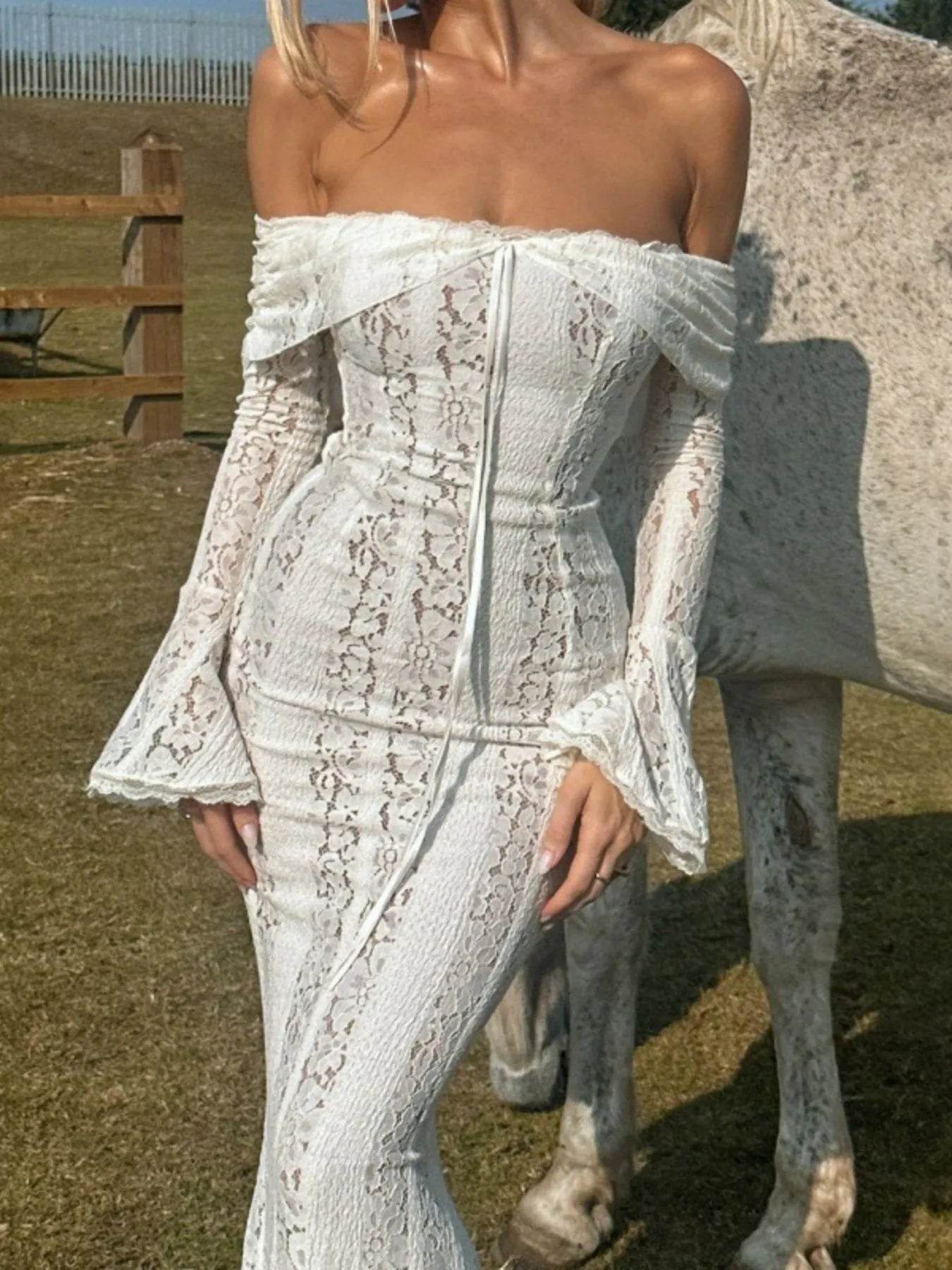 Lace Off-Shoulder Flounce Sleeve Maxi Dress - ELY VESSA LLC
