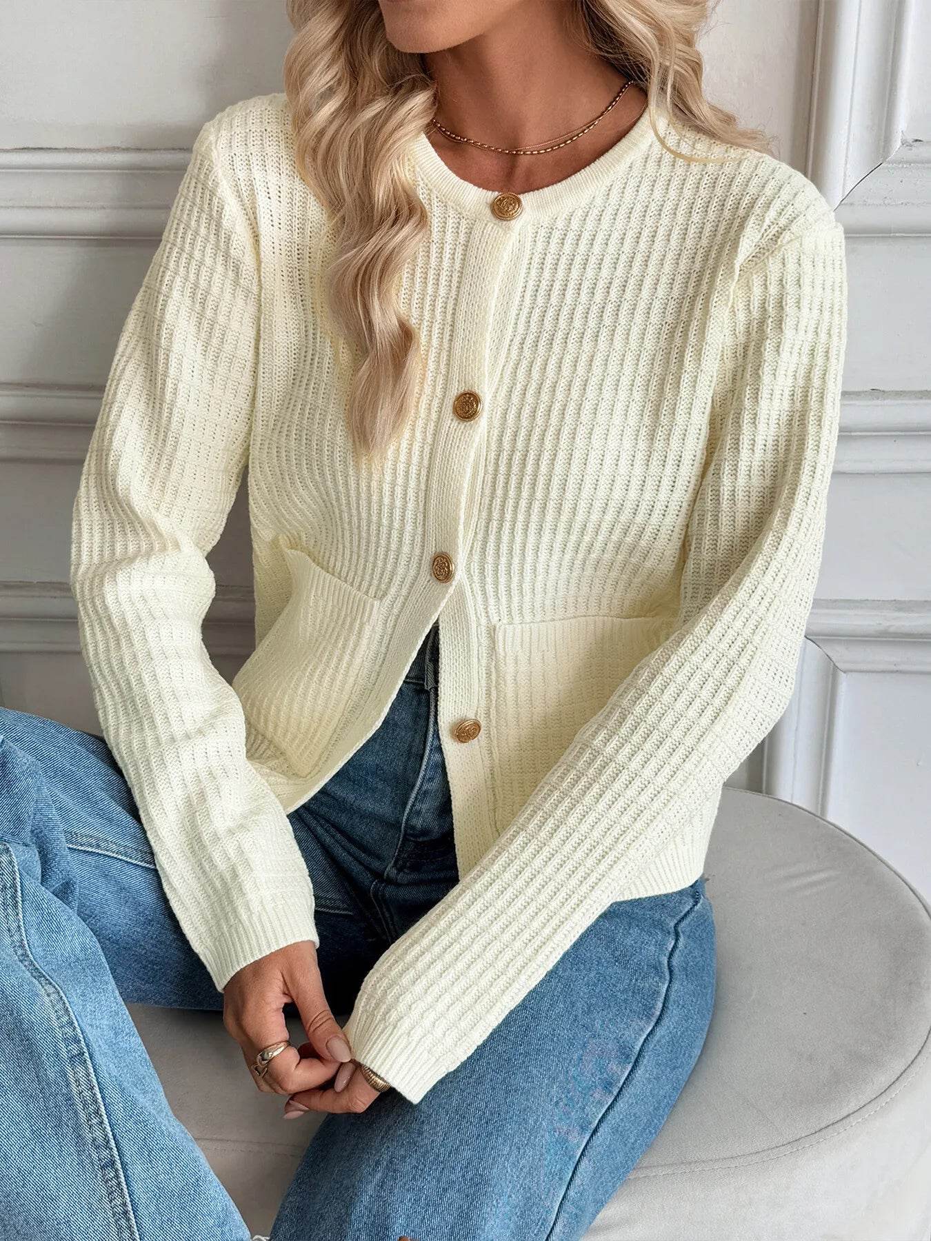 Button-Up Long Sleeve Cardigan with Pockets - ELY VESSA LLC