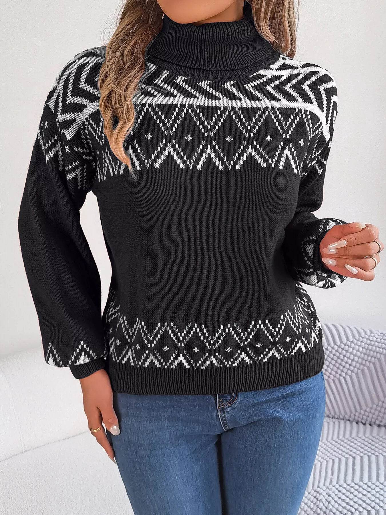 Turtleneck Dropped Shoulder Sweater - ELY VESSA LLC