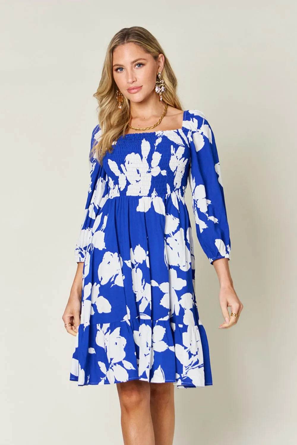 Double Take Full Size Floral Ruffle Hem Smocked Dress with Pockets - ELY VESSA LLC