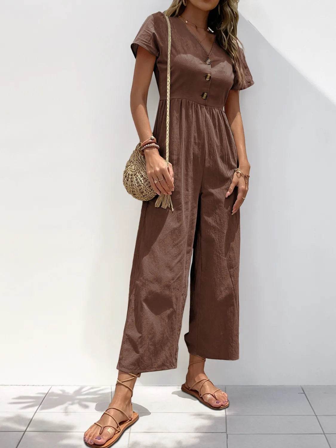 V-Neck Short Sleeve Wide Leg Jumpsuit - ELY VESSA LLC