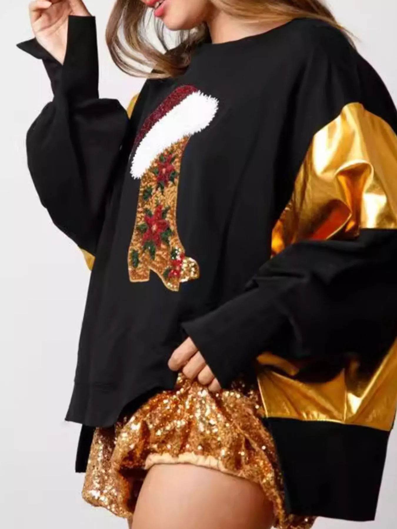 Christmas Sequin Boot Long Sleeve Sweatshirt - ELY VESSA LLC