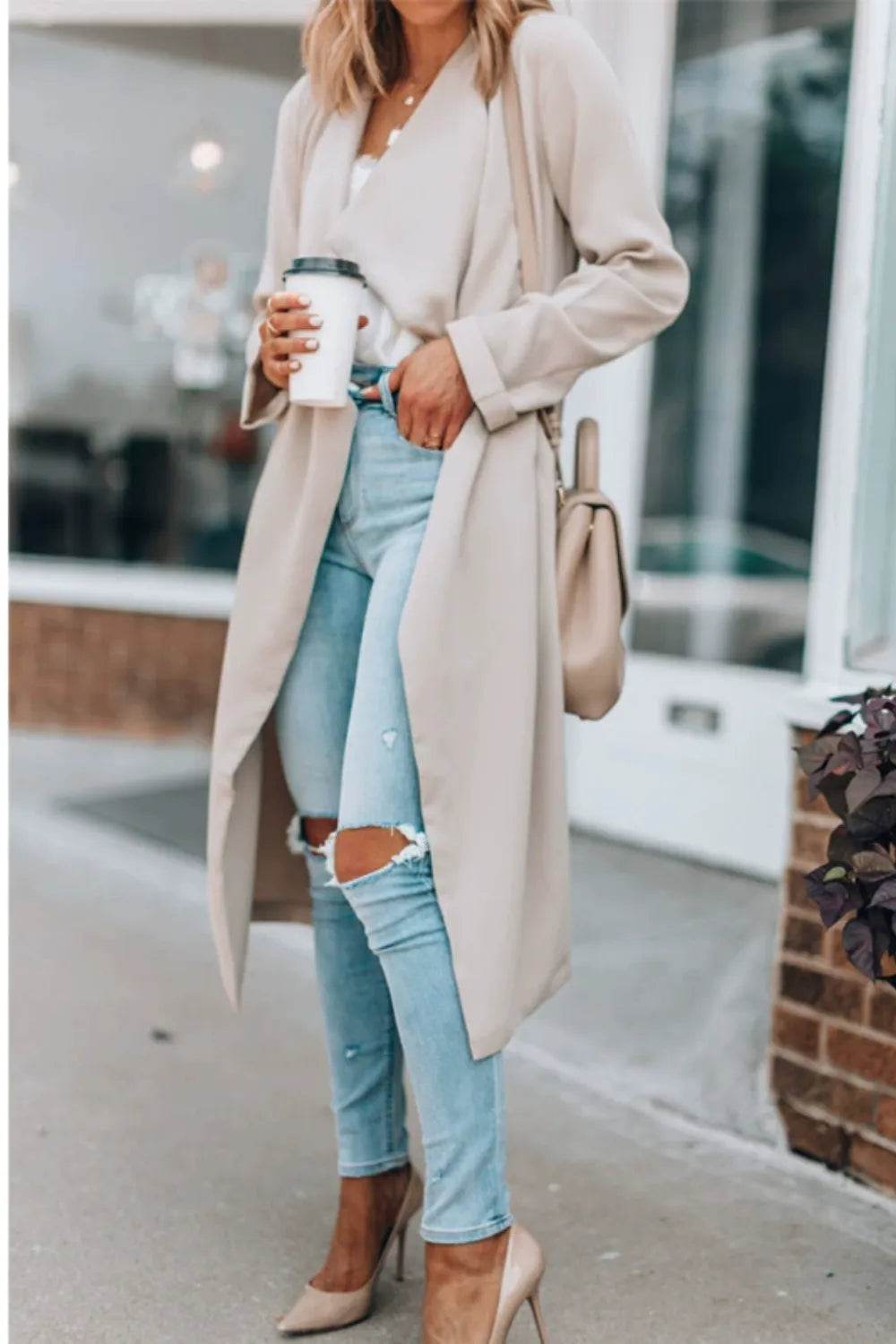 Open Front Long Sleeve Trench Coat - ELY VESSA LLC