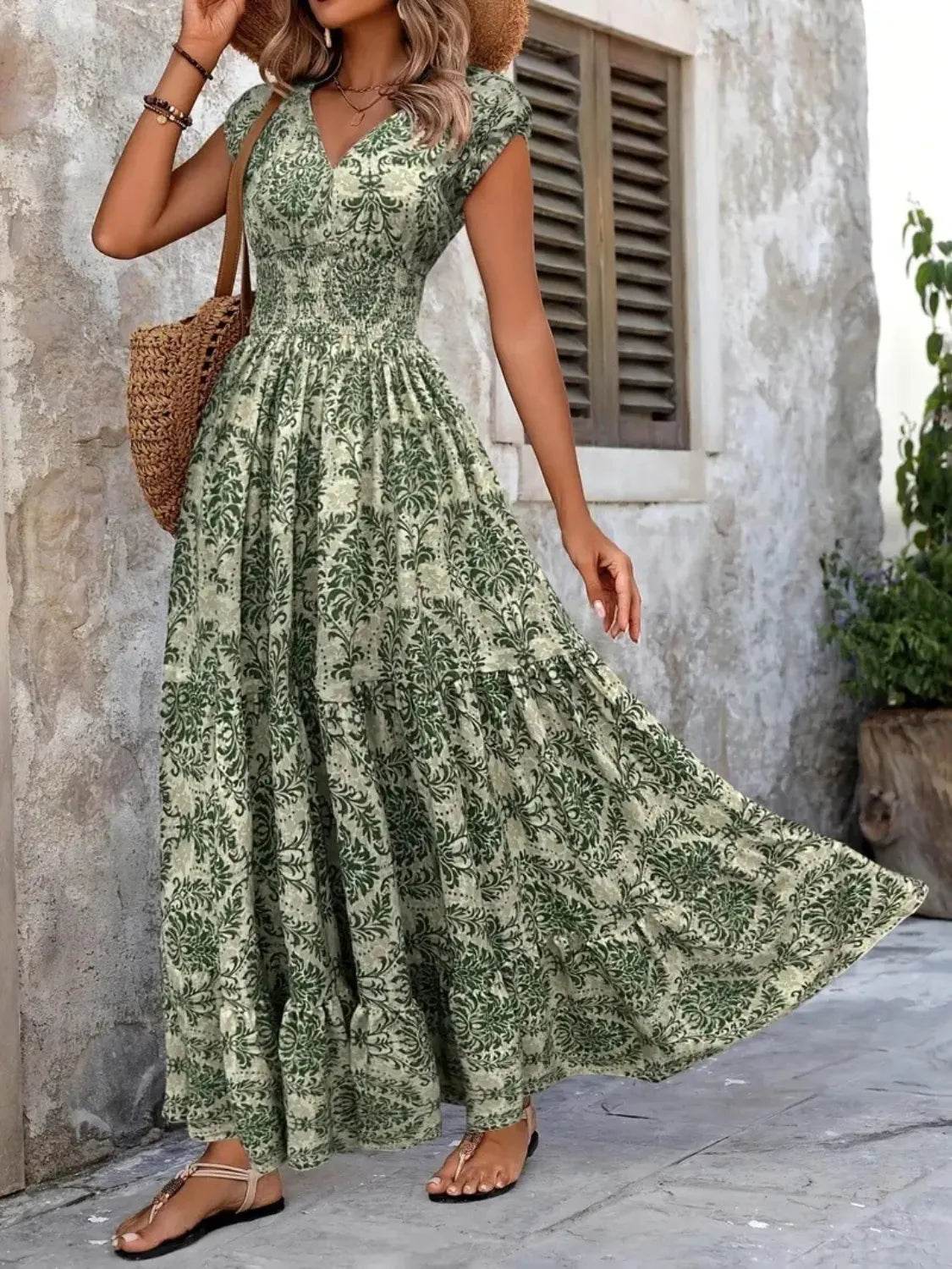 Vintage Floral Cap Sleeve Maxi Dress - ELY VESSA LLC