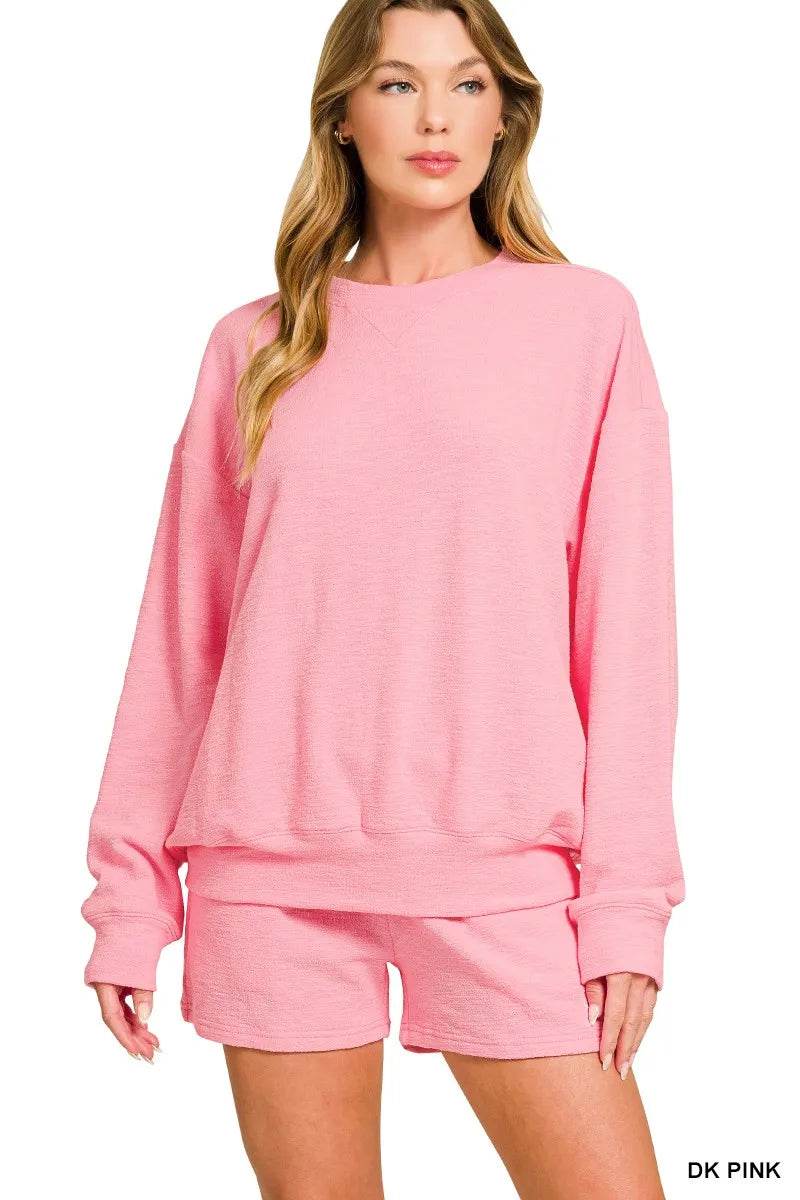 Zenana Slub Long Sleeve Top and Shorts Set - ELY VESSA LLC
