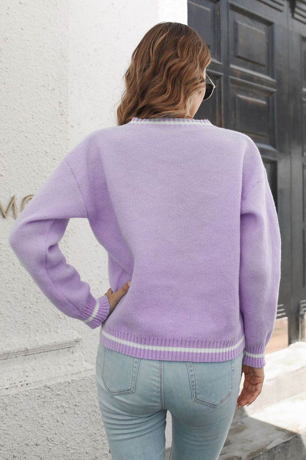 Skeleton Pattern V-Neck Long Sleeve Pullover Sweater - ELY VESSA LLC