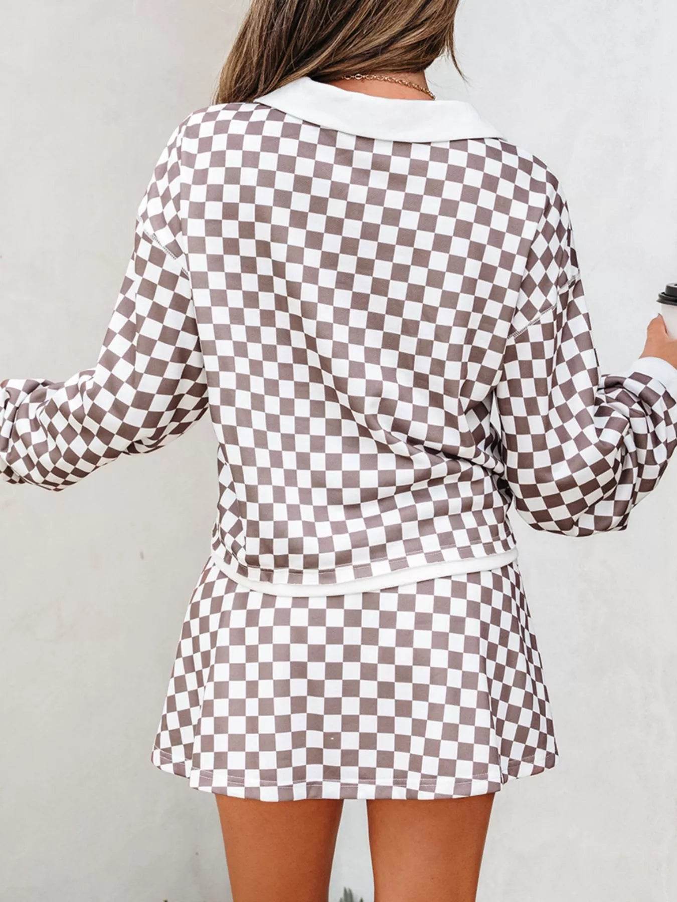 Checkered Print Polo Collar Cropped Long Sleeve Top and Drawstring Mini Skirt Set - ELY VESSA LLC