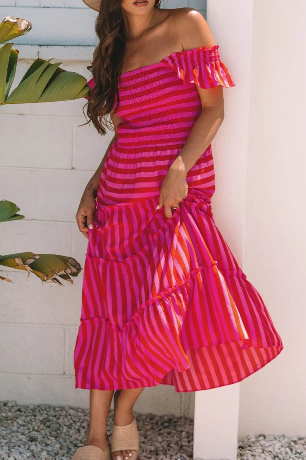 Stripe Flutter Sleeve Smocked Bodice Tiered Maxi Dress - ELY VESSA LLC